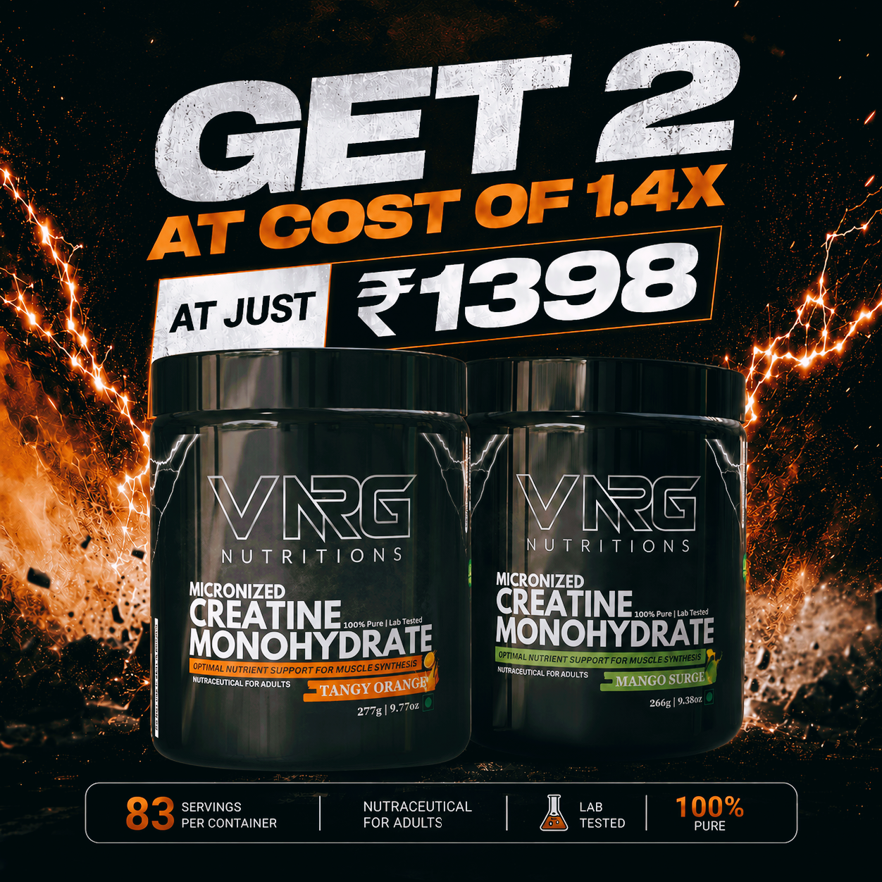 2x Creatine Monohydrate Pack (Tangy Orange + Mango Surge)