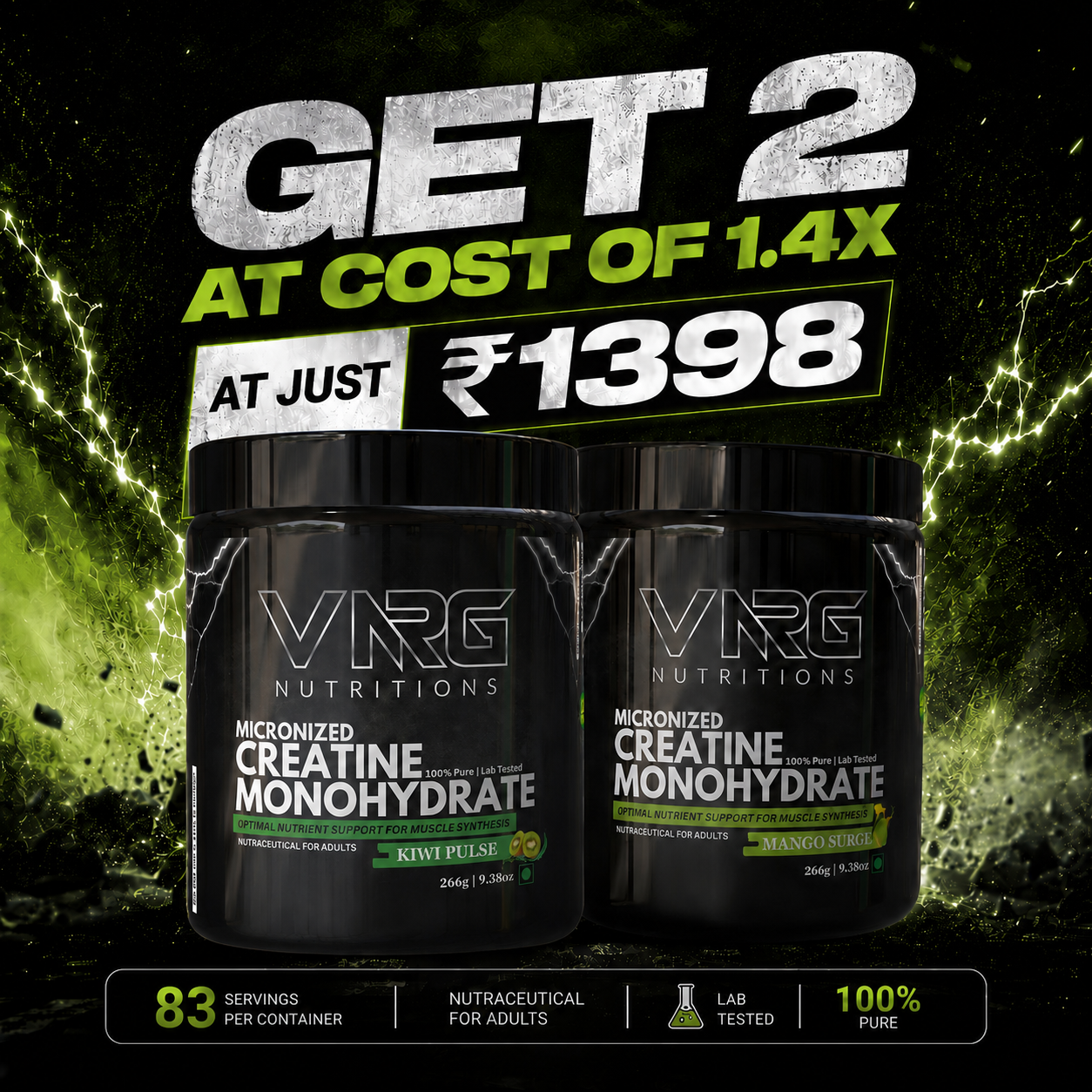 2x Creatine Monohydrate Pack (Kiwi Pulse + Mango Surge)