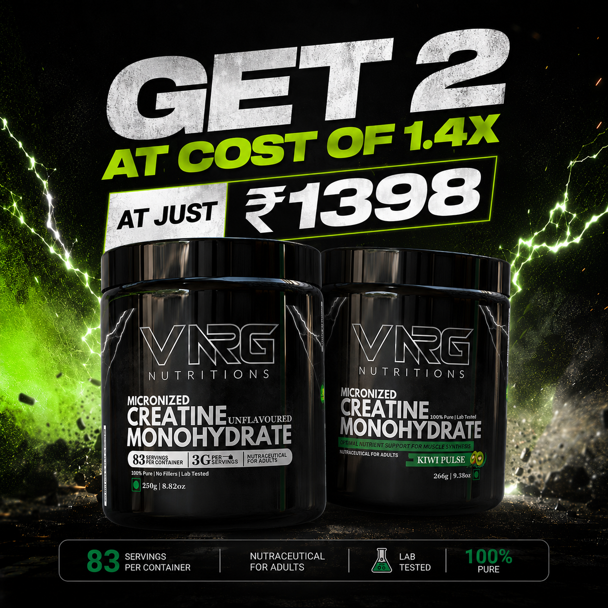 2x Creatine Monohydrate Pack (Unflavoured + Kiwi Pulse)