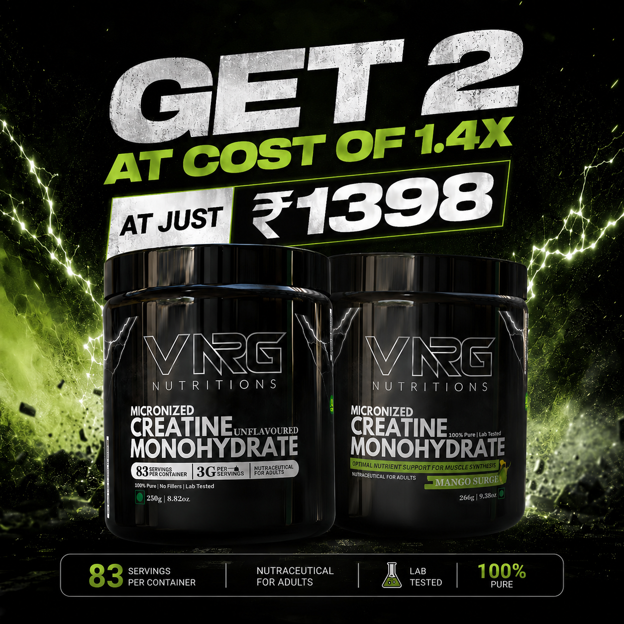 2x Creatine Monohydrate Pack (Unflavoured + Mango Surge)