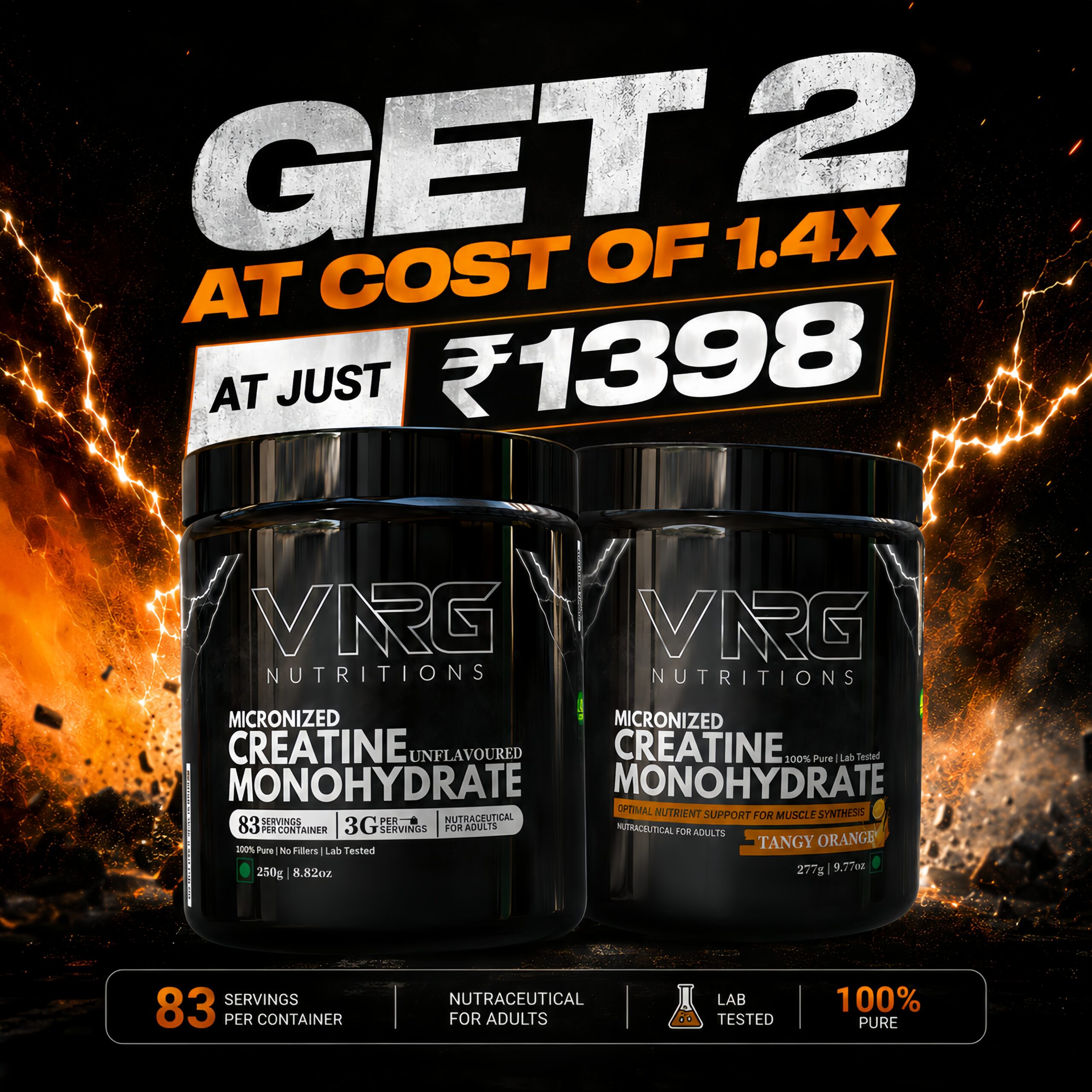 2x Creatine Monohydrate Pack (Unflavoured + Tangy Orange)